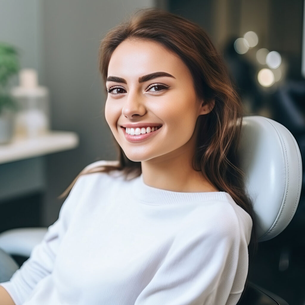 Smiling Woman Sitting In Orthodontist Chair