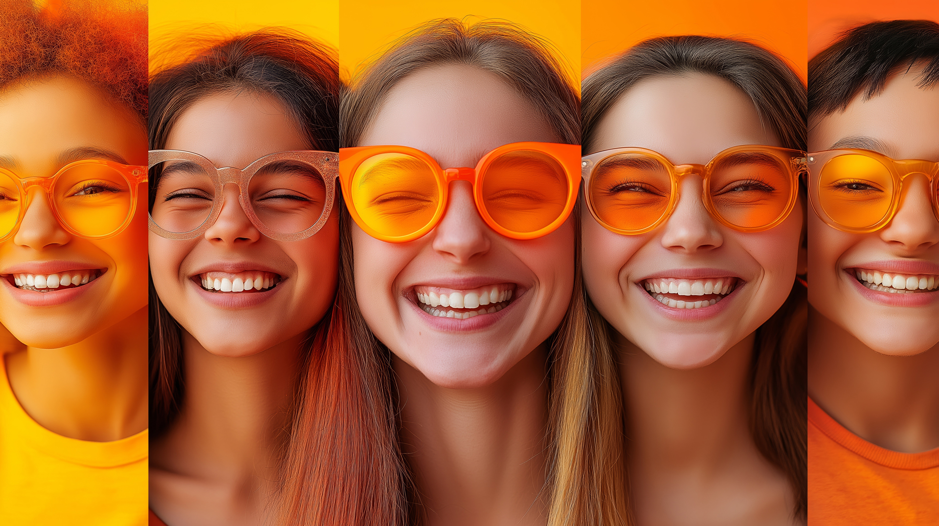 Five Smiling Teen Girls Wearing Orange Glasses